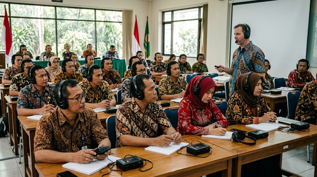 Peserta menggunakan headset sistem penerjemahan nirkabel